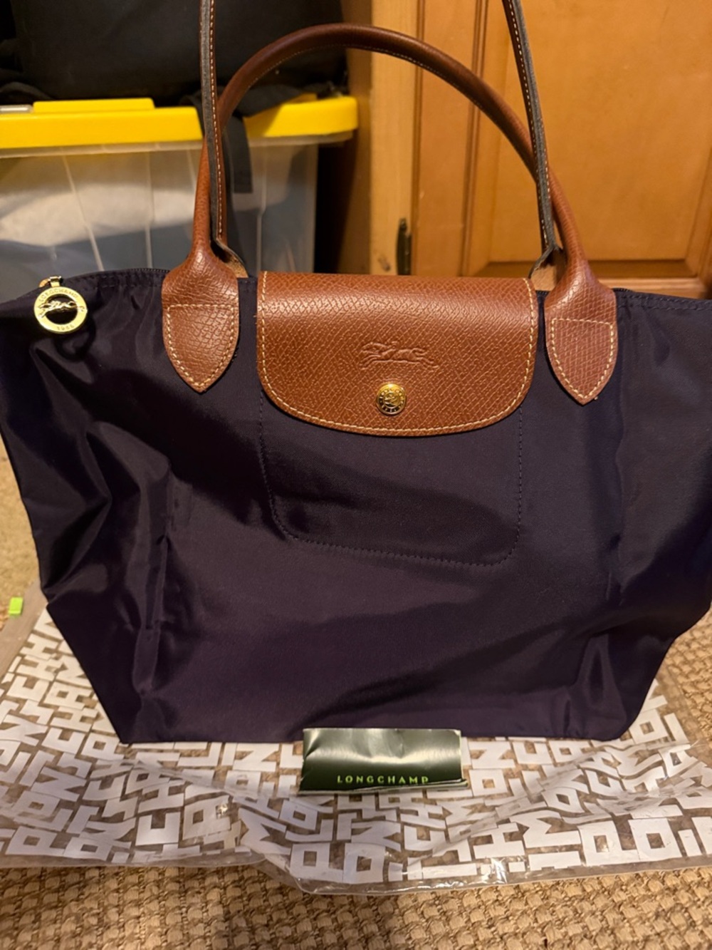 Longchamp Navy Tote with Brown Leather Trim